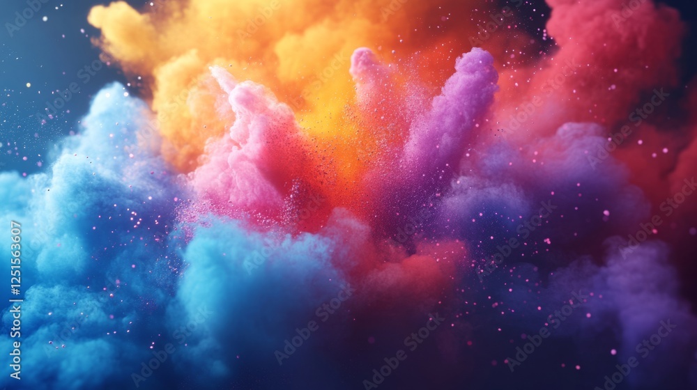 Poster multicolored powder particles exploding and forming a vibrant cloud, perfect for backgrounds and des