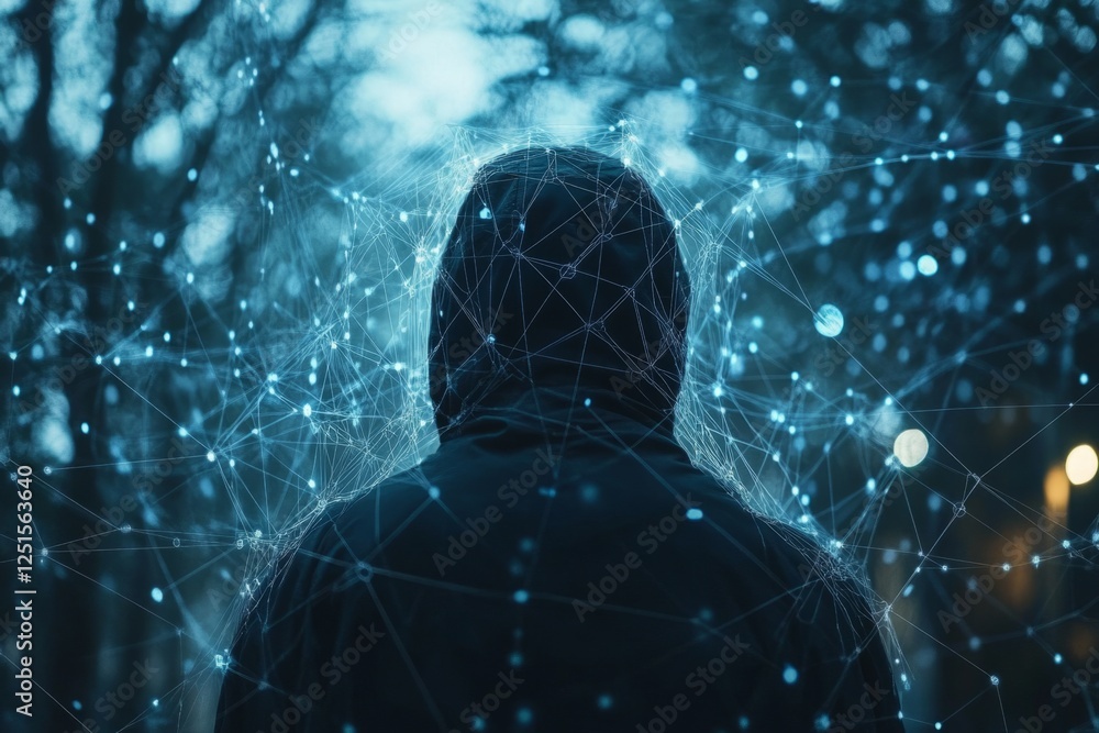 Poster hacker wearing hoodie standing in the dark working with data network connections