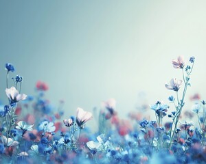 Obraz premium Pastel flowers field, soft light, serene landscape, nature backdrop, perfect for print or digital use