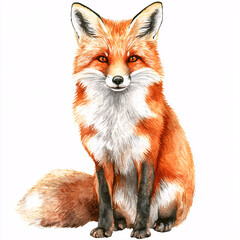 Obraz premium Watercolor illustration of a red fox with a white chest, sitting upright and looking forward, isolated on white.