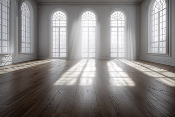 Sunlight streams through arched windows onto a polished wooden floor in an elegant, empty room with white walls and trim.