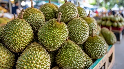 A vibrant display of spiky durians stacked in a market, showcasing their unique texture and shape, inviting curious shoppers to explore.