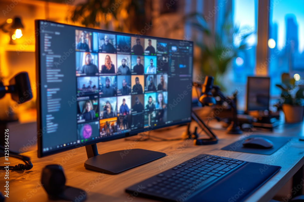 Poster wide computer screen showing video conference with work colleagues, keyboard and mouse on desk in mo