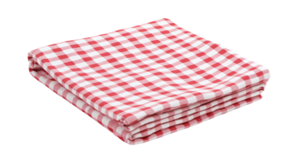 Classic red checkered picnic blanket. A neatly folded red and white checkered tablecloth, ideal for picnics, dining tables, or rustic-themed decor, isolated on white.
