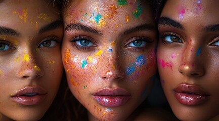 Obraz premium Vibrant Faces: A Colorful Portrait of Three Women