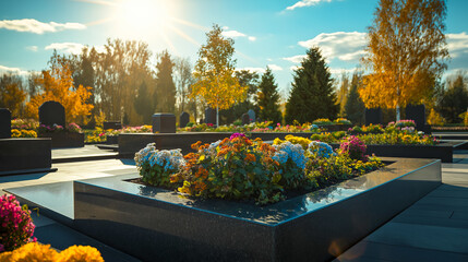 Slavic serene cemetery with polished granite tombstones, vibrant flowers, and autumn trees under a golden sunset. Peaceful memorial place with a tranquil atmosphere.