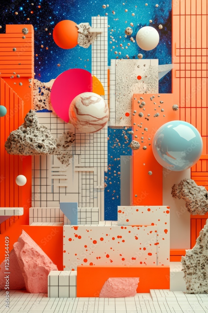 Poster colorful geometric shapes, spheres, and rocks floating against a backdrop of grid patterns and a cos