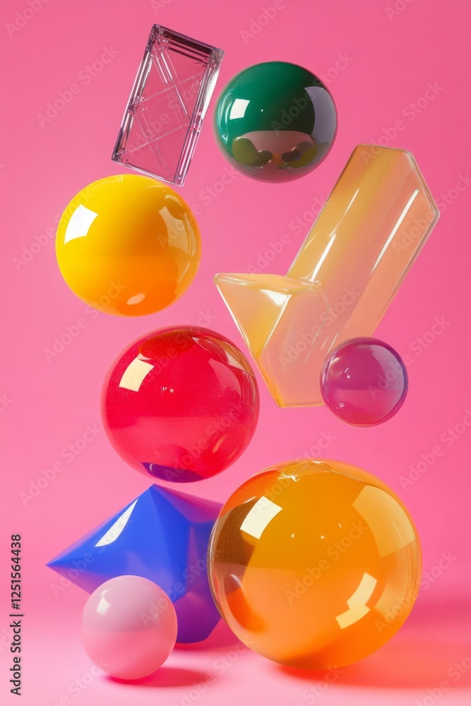 Aufkleber colorful geometric shapes floating on pink background creating an abstract composition