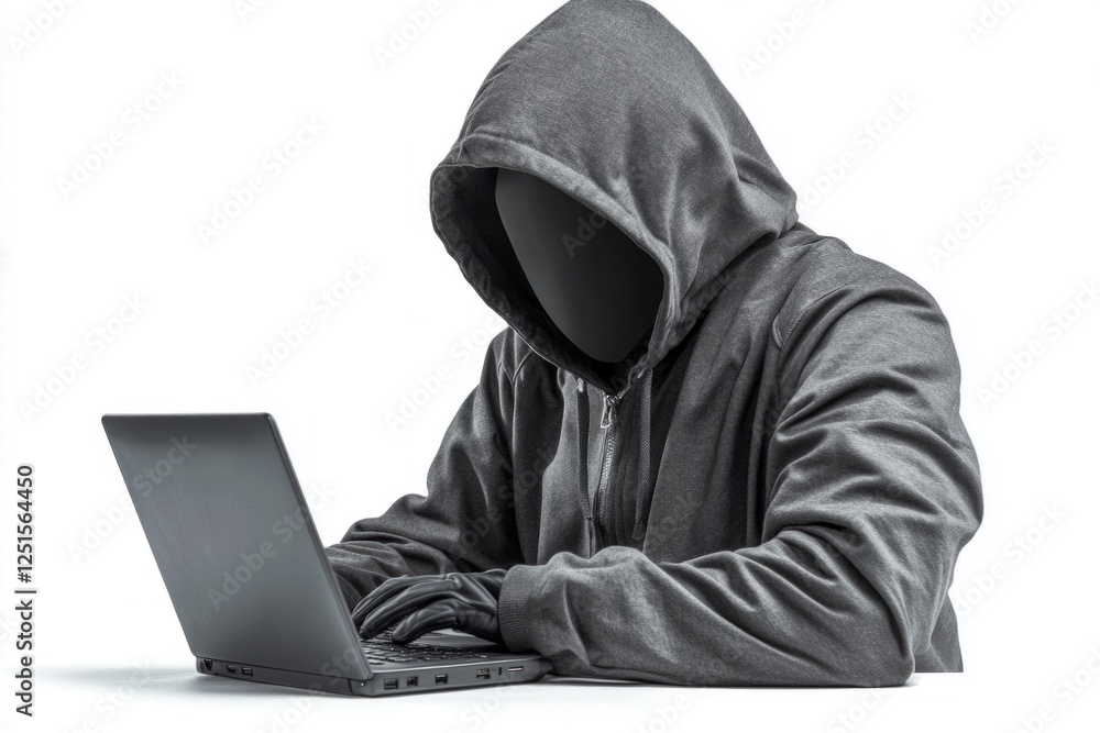Aufkleber faceless hacker wearing hoodie and gloves is using laptop and typing on keyboard on white background