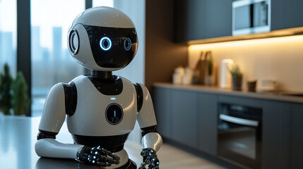Humanoid robot assisting in a modern smart home kitchen