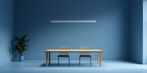 Minimalist dining room with blue walls and modern furniture