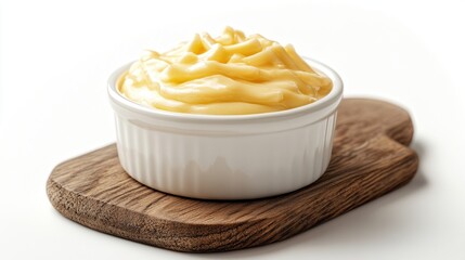 food styling, cheddar cheese sauce in a white ramekin on a wooden board, isolated on a white background