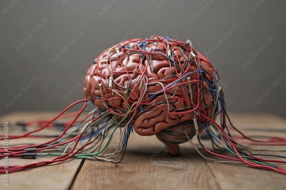 Poster model of human brain is connected to colorful wires, laying on a wooden table, exploring themes of b