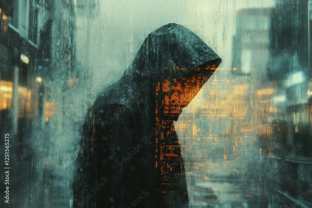 Poster hacker wearing a hood walking in a rainy city with data code visual effects