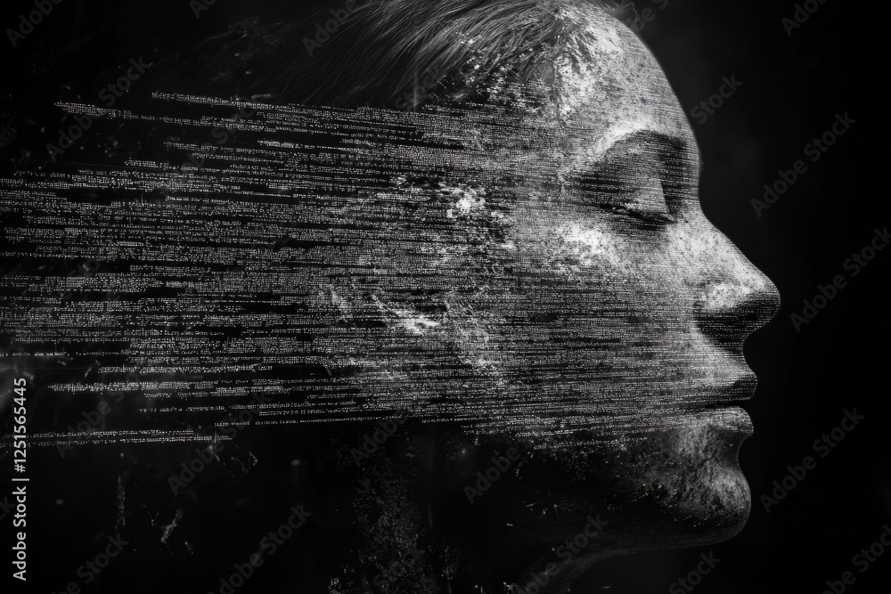 Aufkleber woman face with closed eyes emerging from a flowing data stream, in a conceptual image of artificial