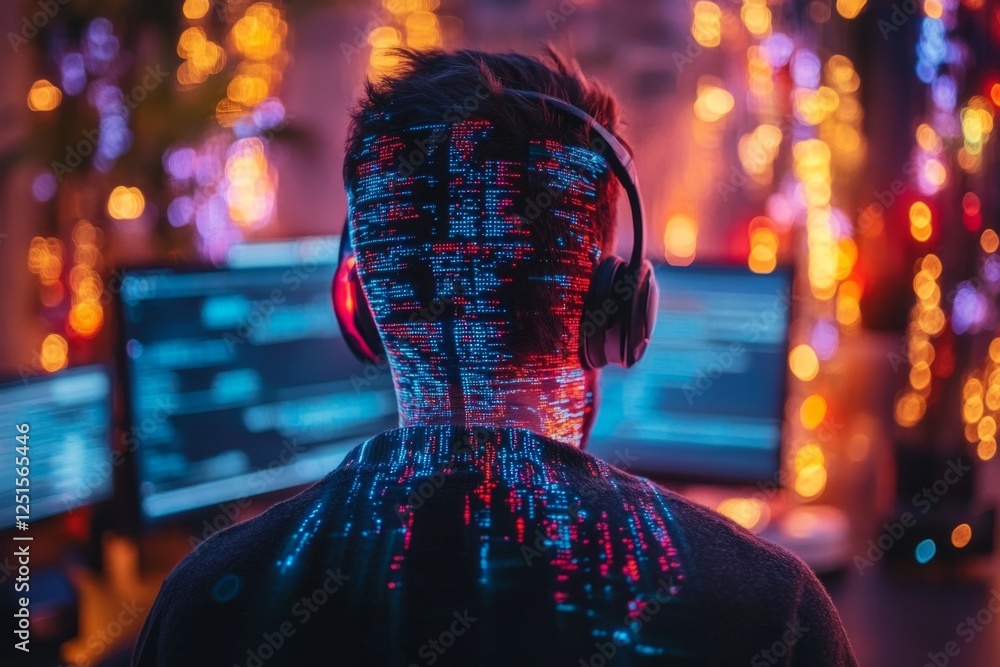 Poster programmer working with code projected on his head, wearing headphones, in a festive atmosphere with