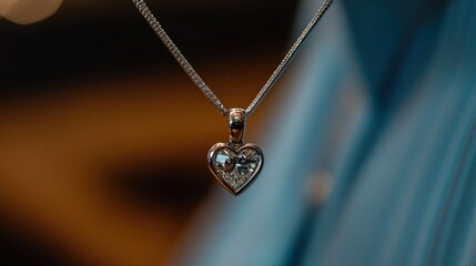 Fototapeta premium Heart pendant necklace close-up, blurred background, jewelry gift