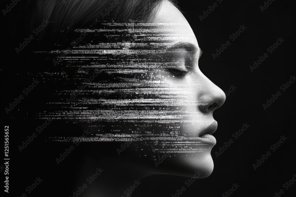 Poster profile of a woman merging with digital code in a black and white conceptual image of technology