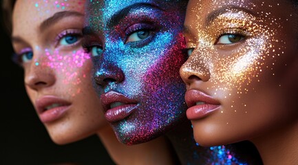 Obraz premium Cosmic Glitter: A Trio of Faces Adorned with Sparkling Makeup