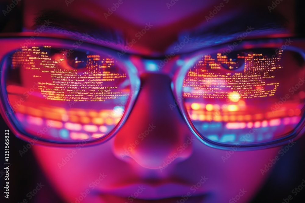 Poster close-up of programmer wearing glasses reflecting lines of code, bathed in futuristic neon light