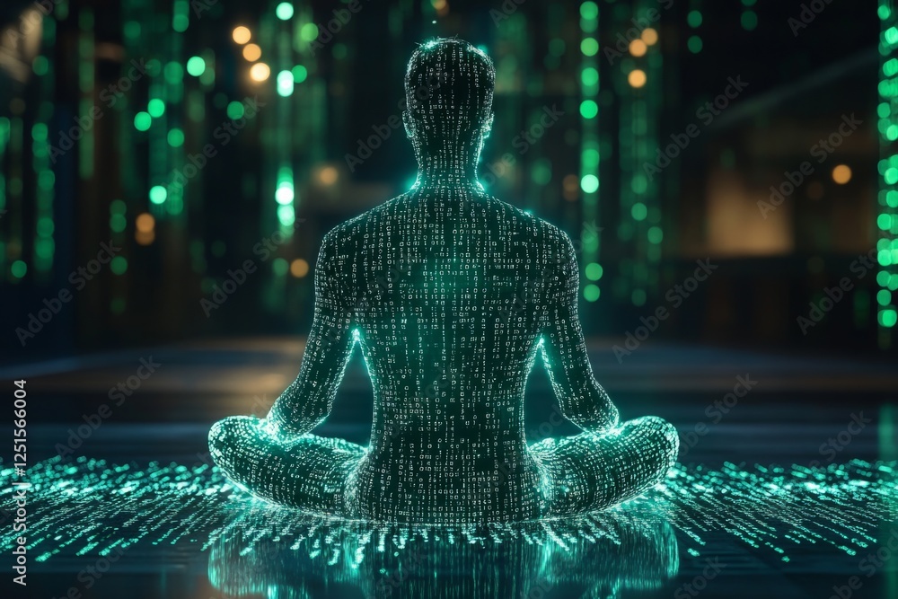 Poster humanoid silhouette meditating, composed of binary code, suggesting the fusion of technology and min