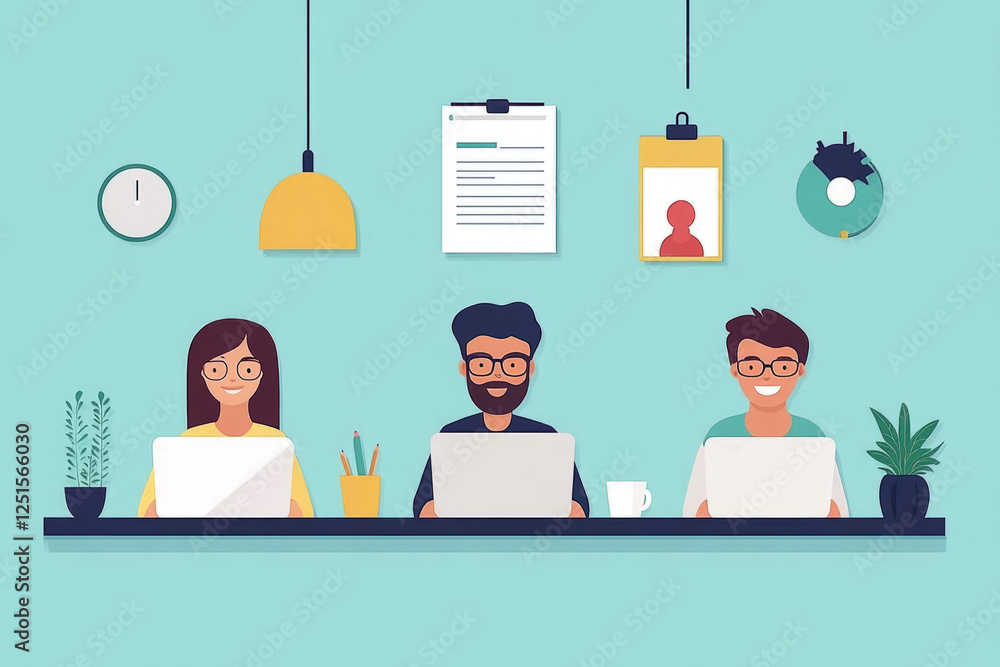 Poster office workers using laptops in a modern coworking space are collaborating on a project