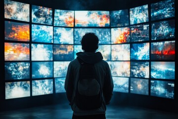 Hacker observing multiple computer screens displaying red and blue data code in a dimly lit room, suggesting cybersecurity or hacking activity