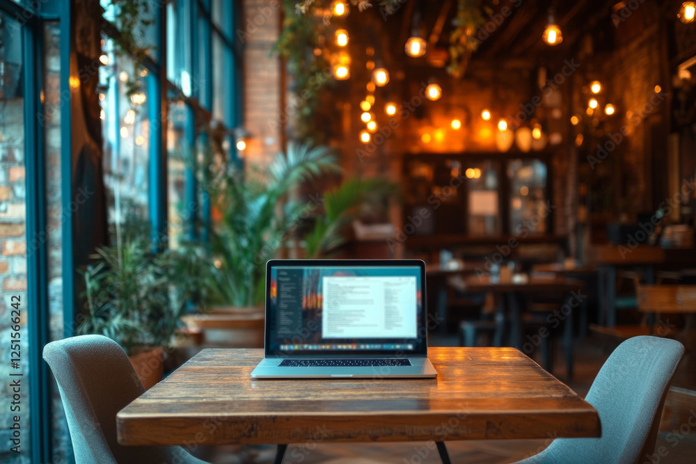 Poster open laptop displaying lines of code resting on a wooden table inside a trendy cafe restaurant, sugg