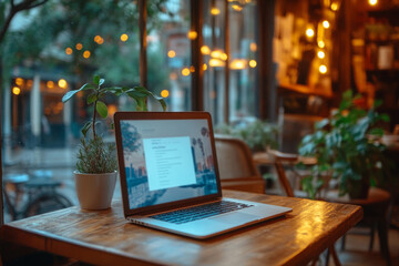 Open laptop displaying programming code sits on wooden table in warm, inviting cafe, suggesting remote work or coding in public space