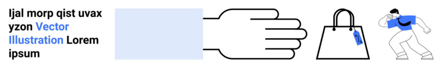 Hand extending towards shopping bag with character evaluating price. Ideal for retail, e-commerce, payment, online shopping, marketing, advertisement, flat landing page banner