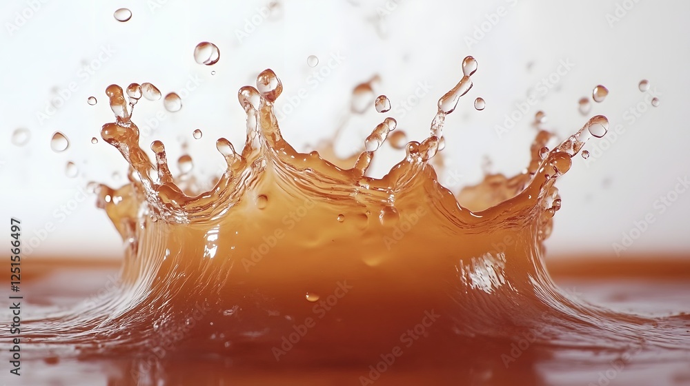 Fototapete Dramatic and Dynamic Splash of Amber Colored Liquid in Motion with Splashing Droplets and Ripples Against a Clean White Background  Concept of Power Energy and Refreshing Natural Fluids