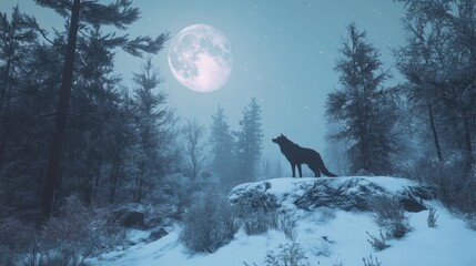 A photo of a lone wolf howling at the moon in a winter forest, its silhouette stark against the backdrop of the snow-covered trees.