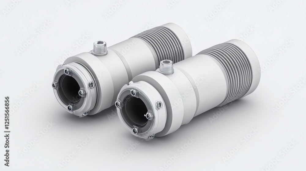 Poster detailed close-up of industrial metal components with smooth surface and threaded sections for engin