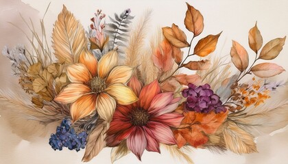 vintage autumn dry flower leaves bouquet watercolor