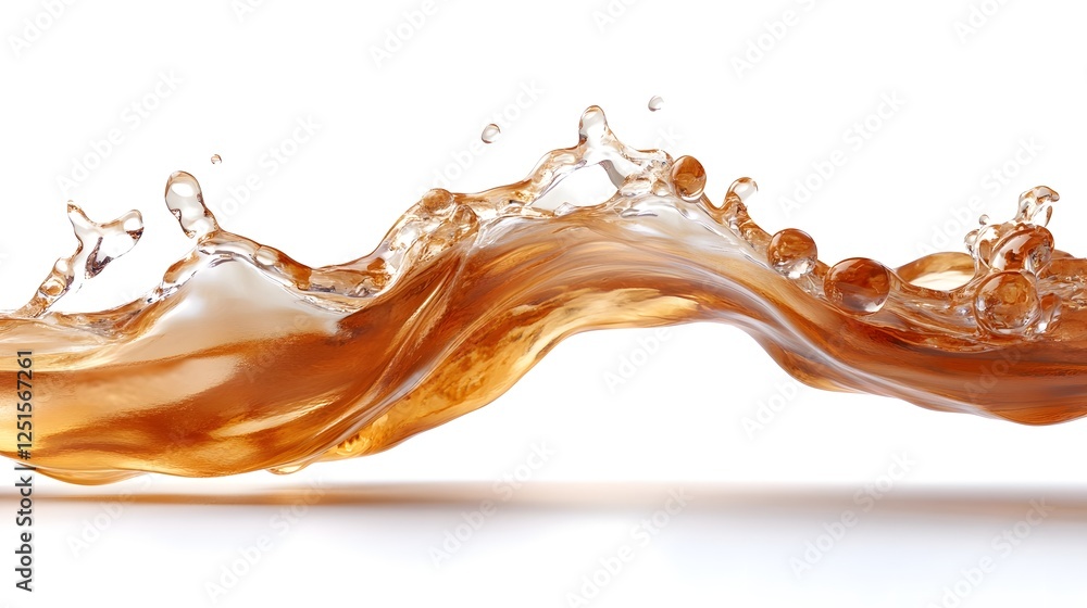 Poster Dramatic and vibrant splash of warm amber colored liquid in dynamic flowing motion creating an background with energetic curves shapes and textures