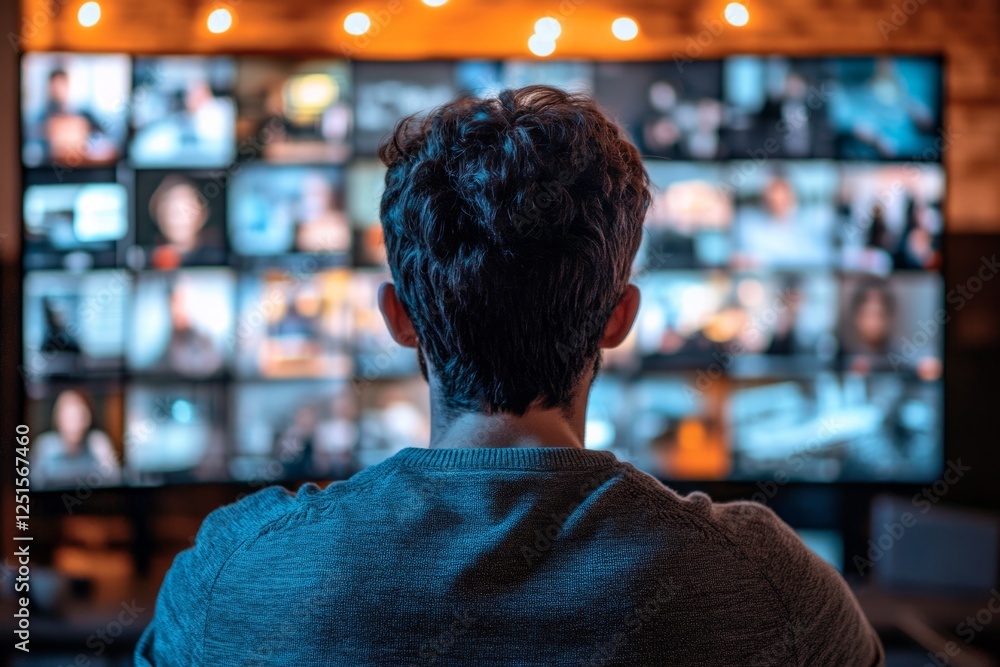 Poster video editor working with multiple clips displayed on monitors in a modern post production studio
