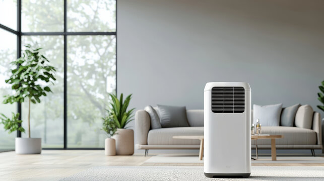 Modern white dehumidifier in bright living room space