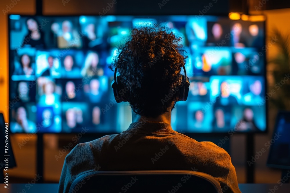 Poster video editor working at night with headphones and multiple screens showing video editing software