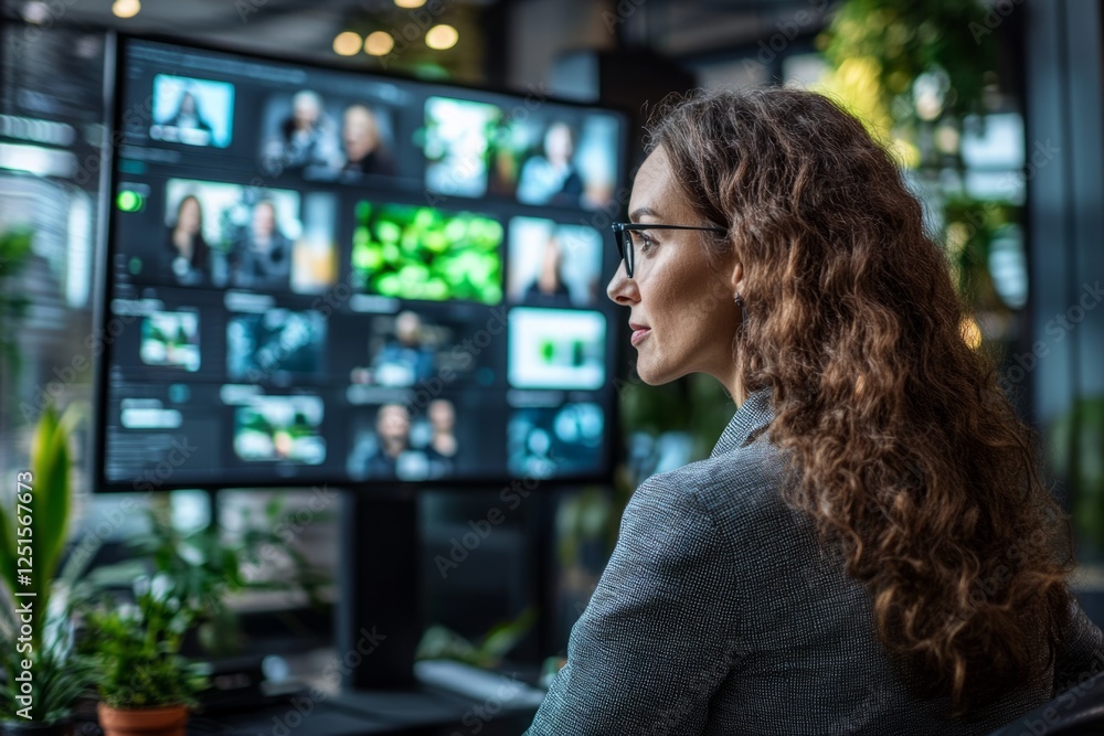 Aufkleber businesswoman analyzing data on a large digital screen displaying multiple video conference feeds in