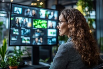 Businesswoman analyzing data on a large digital screen displaying multiple video conference feeds in a modern office
