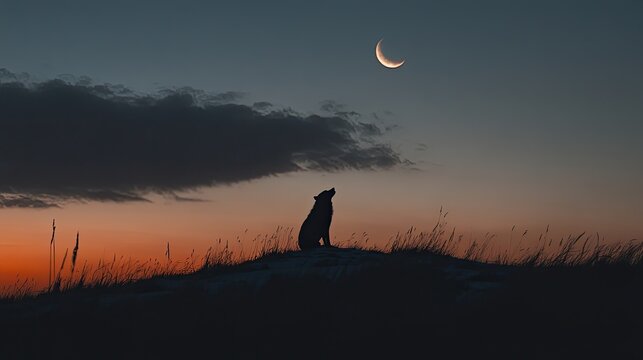 A photo of a lone wolf howling at the moon, its silhouette stark against the backdrop of a darkening, wintery sky.