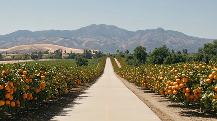 Rural road through orange grove, mountain backdrop, agriculture