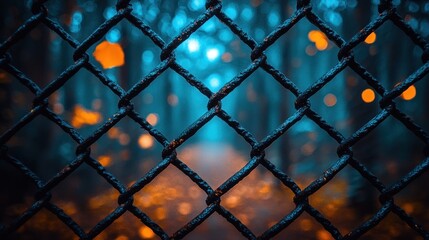 Fototapeta premium Rusty Chainlink Fence, Forest Path, Autumn Colors, Blurred Background