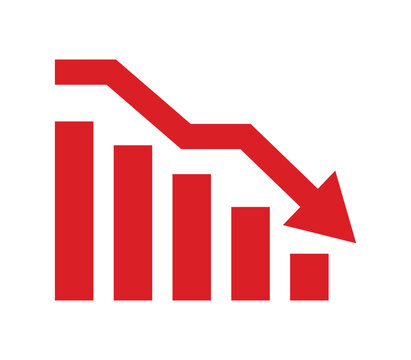 Graph decrease. Red arrow goes down sign. Crisis icon isolated. 