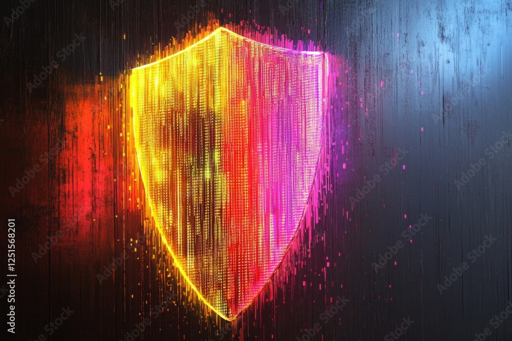 Poster glowing digital shield formed by data streams, symbolizing cybersecurity and data protection