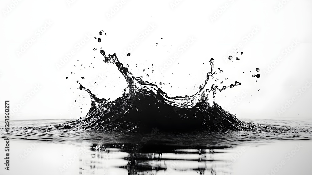 Poster Dramatic black and white image of a powerful water splash creating a dynamic and captivating abstract art composition  The splash of water is frozen in time showcasing the fluid movement energy