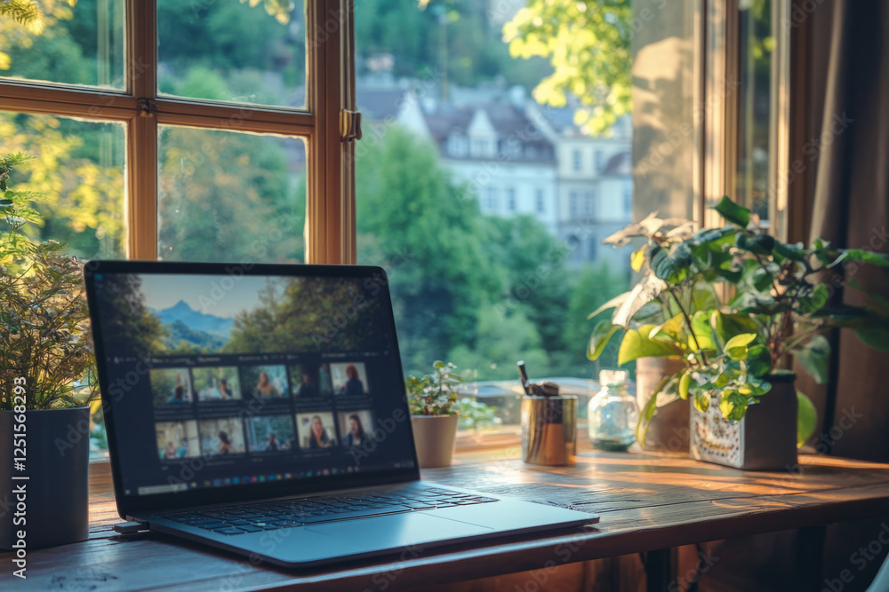 Poster laptop computer displaying photo editing software sits open on wooden desk by window with houseplant