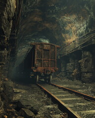 Naklejka premium A coal trolley is stuck on a bend in a mine tunnel_012