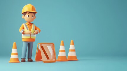 Playful Cartoon Construction Worker Standing Next to Traffic Cones and Safety Sign
