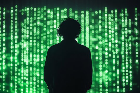 Silhouette of a programmer looking a futuristic green data stream flowing down a digital display